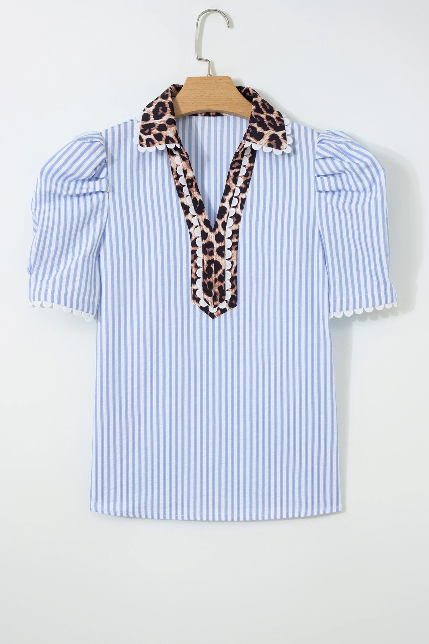 Stripe Ricrac Trim Short Puff Sleeve Leopard Patchwork Collar V Neck Blouse