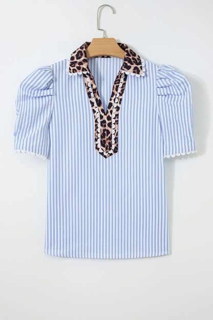 Stripe Ricrac Trim Short Puff Sleeve Leopard Patchwork Collar V Neck Blouse