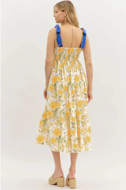 Floral Print Contrast Stitched Knot Denim Straps High Waist Dress