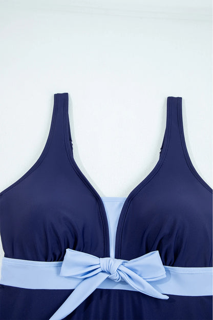 Navy Blue Color Block Patchwork Bow Knot Detail Sleeveless Swim Dress