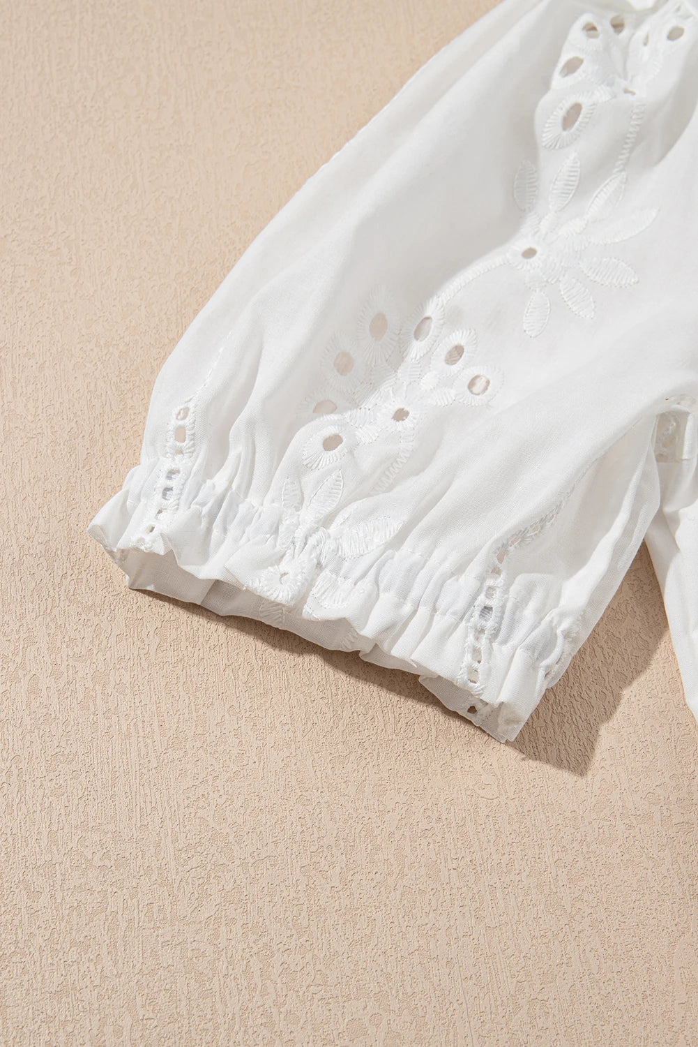 White Eyelet Embroidered Detail Short Puff Sleeve Shirt