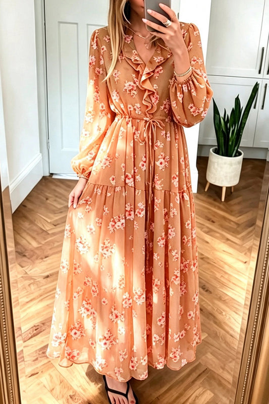Orange Floral Print Sheer Long Sleeve Ruffle Neck Drawstring Flowy Maxi Dress