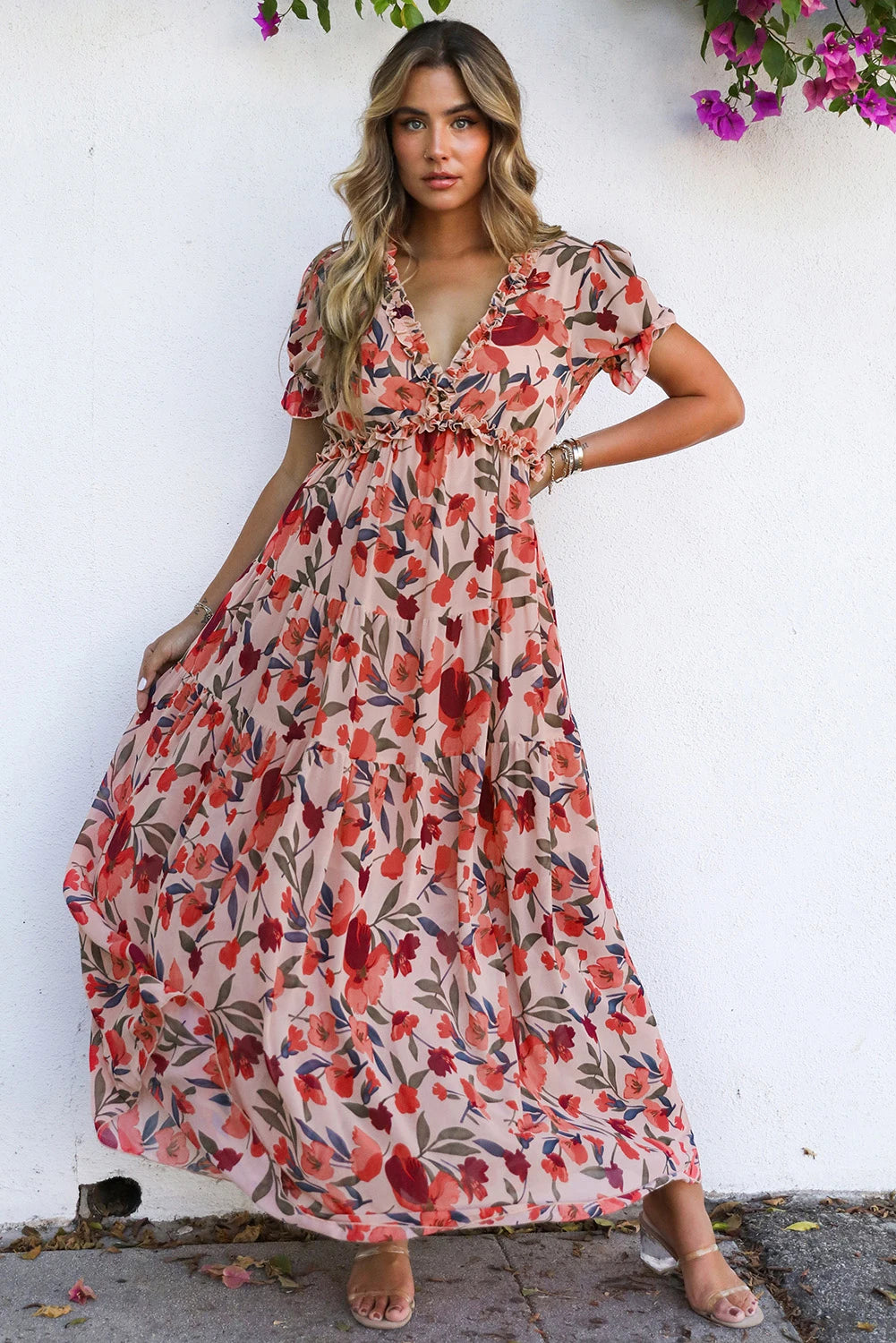 Fiery Red Floral Print Frilled V Neck Short Sleeve Maxi Dress