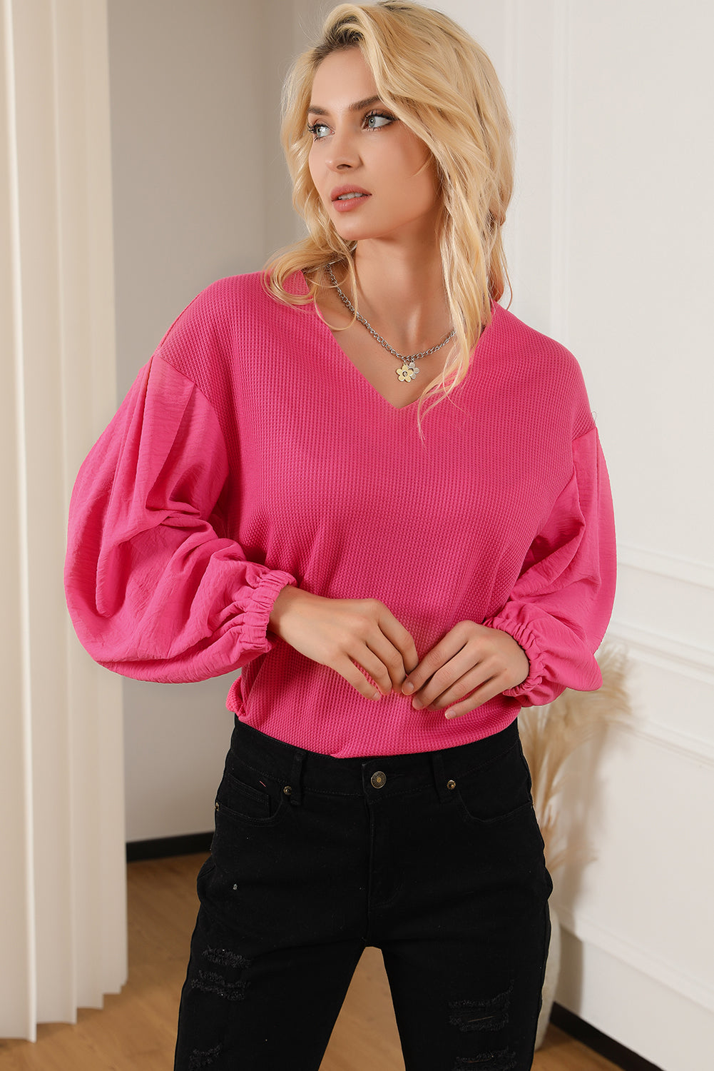 Waffle Knit Balloon Sleeve Splicing V Neck Top