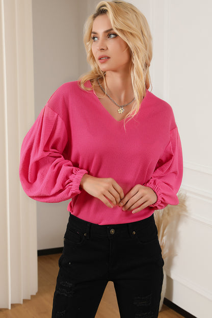 Waffle Knit Balloon Sleeve Splicing V Neck Top