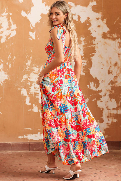 Multicolor Vibrant Tropical Print Smocked Ruffle Tiered Maxi Dress