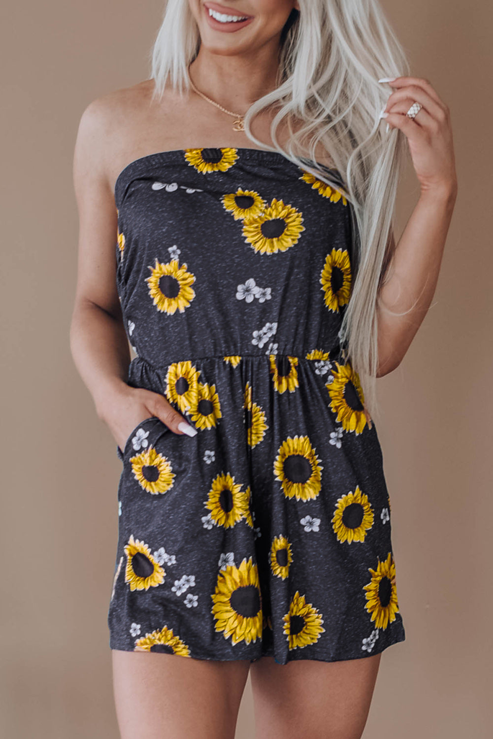 Yellow Floral Print Bandeau Romper with Pockets