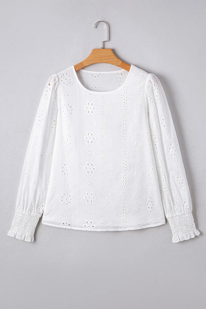 White Eyelet Embroidered Smocked Cuff Sheer Blouse