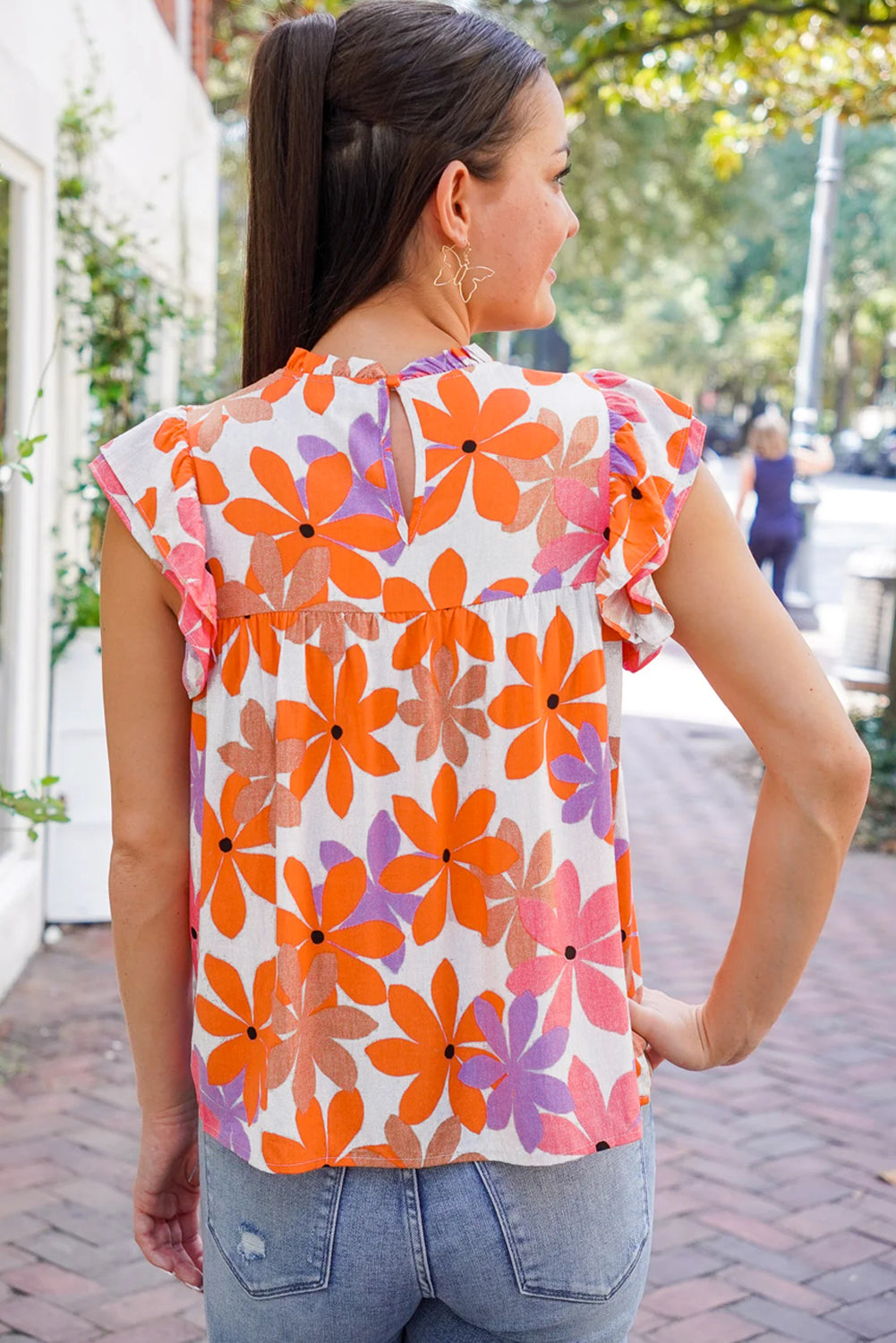 Orange Ruffled Sleeve Smocked Floral Top