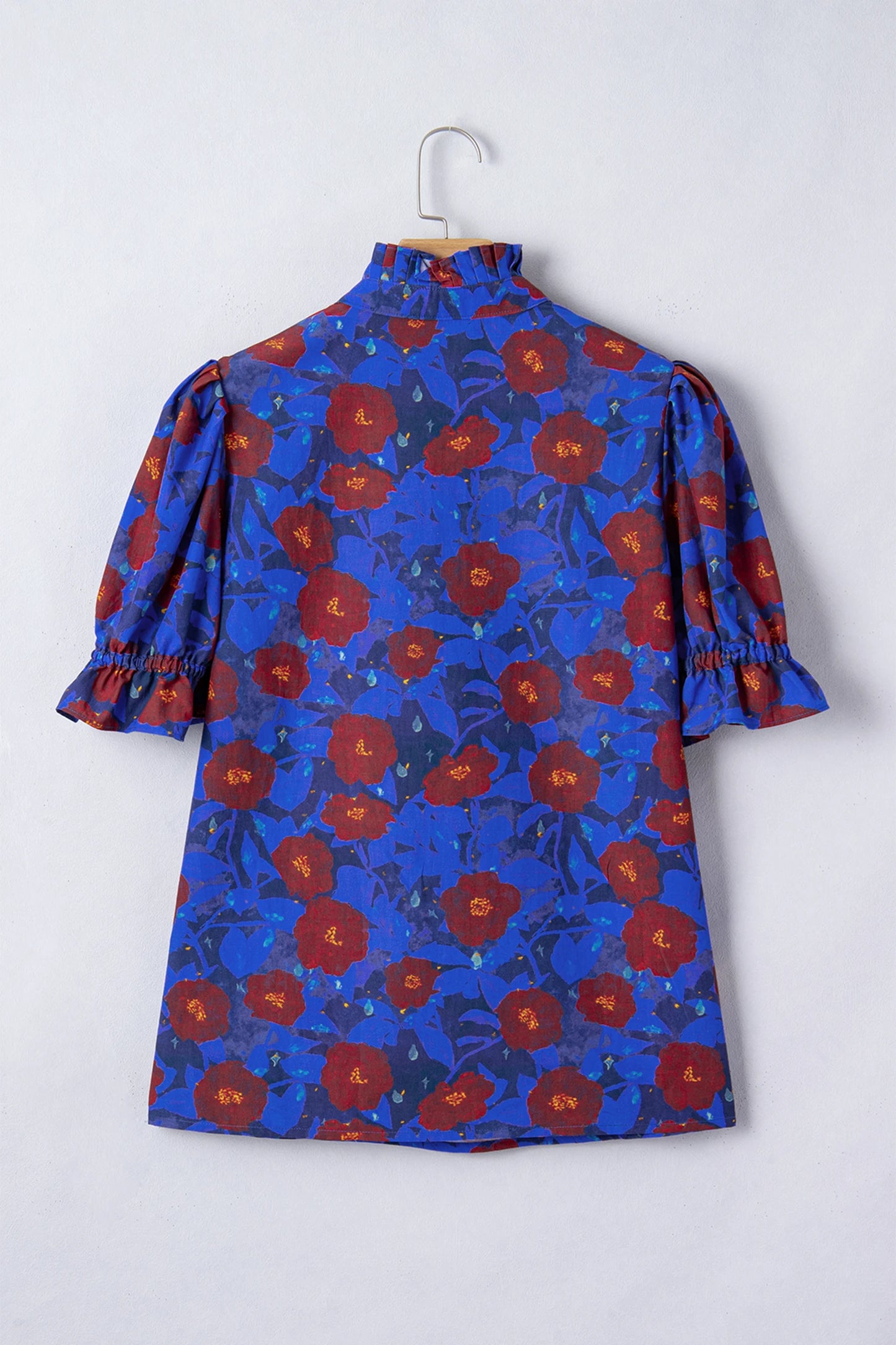 Blue Ruffled Short Balloon Sleeve Frilled V Neck Floral Blouse