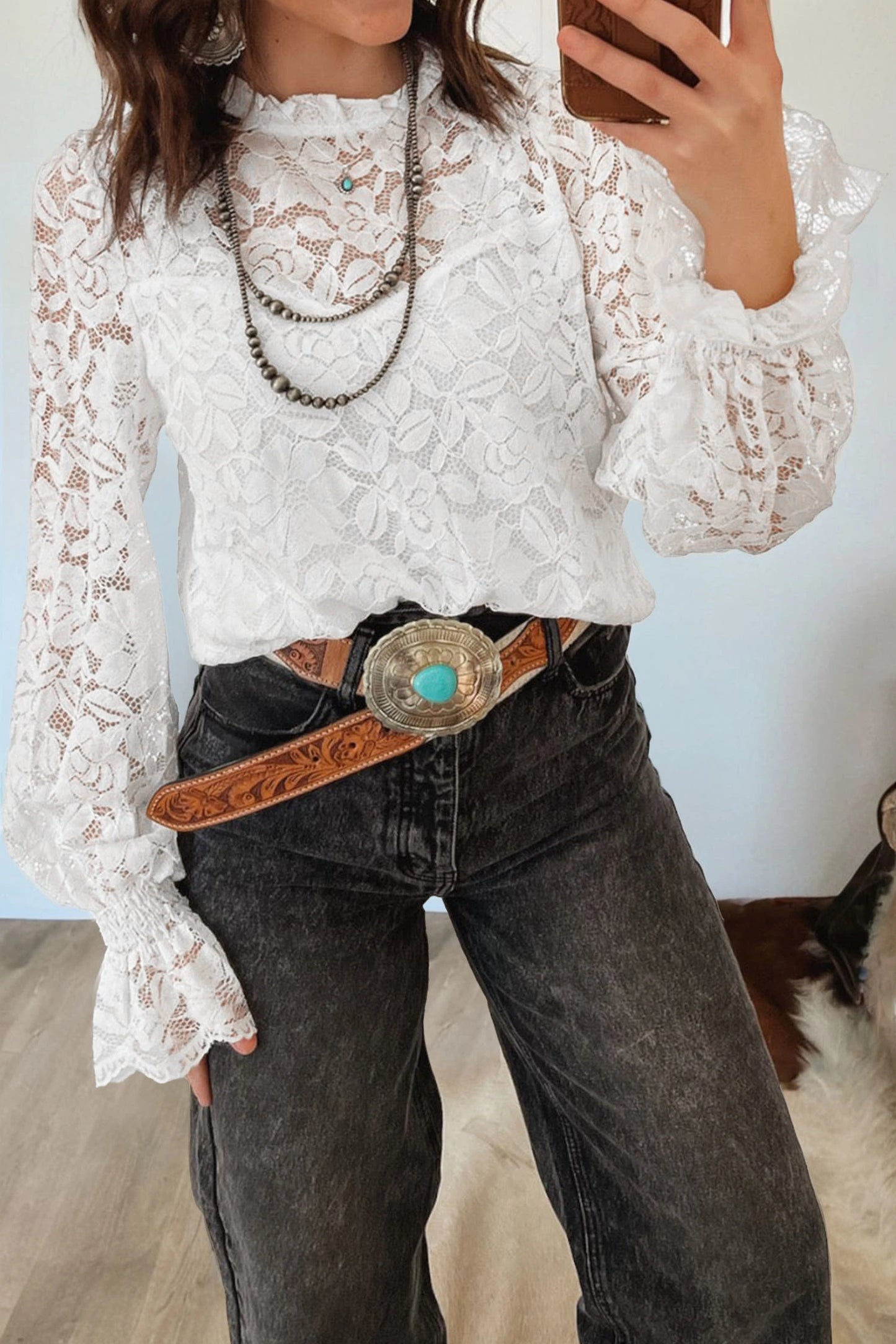 White Ruffled Round Neck Long Flounce Sleeve Sheer Lace Blouse