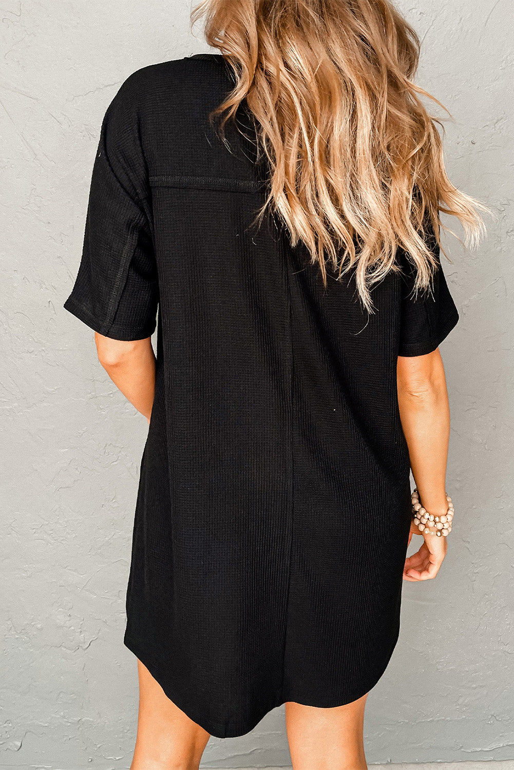 Black Waffle Knit T-shirt Dress with Pockets