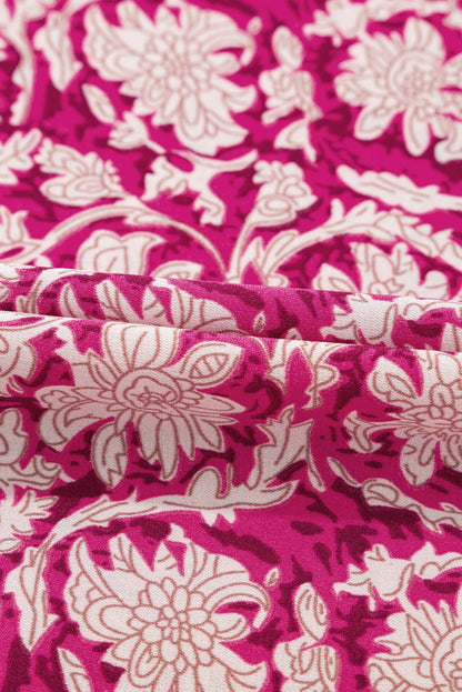 Pink Floral Print Split Neck Pleated Puff Sleeve Blouse