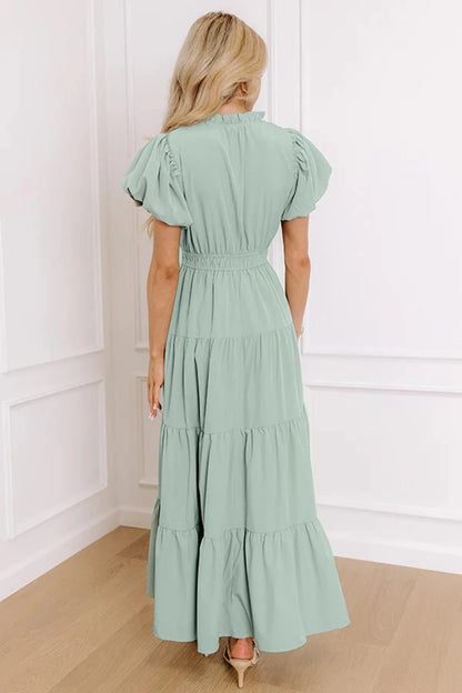 Solid Color V Neck Short Puff Sleeve High Waist Tiered Maxi Dress