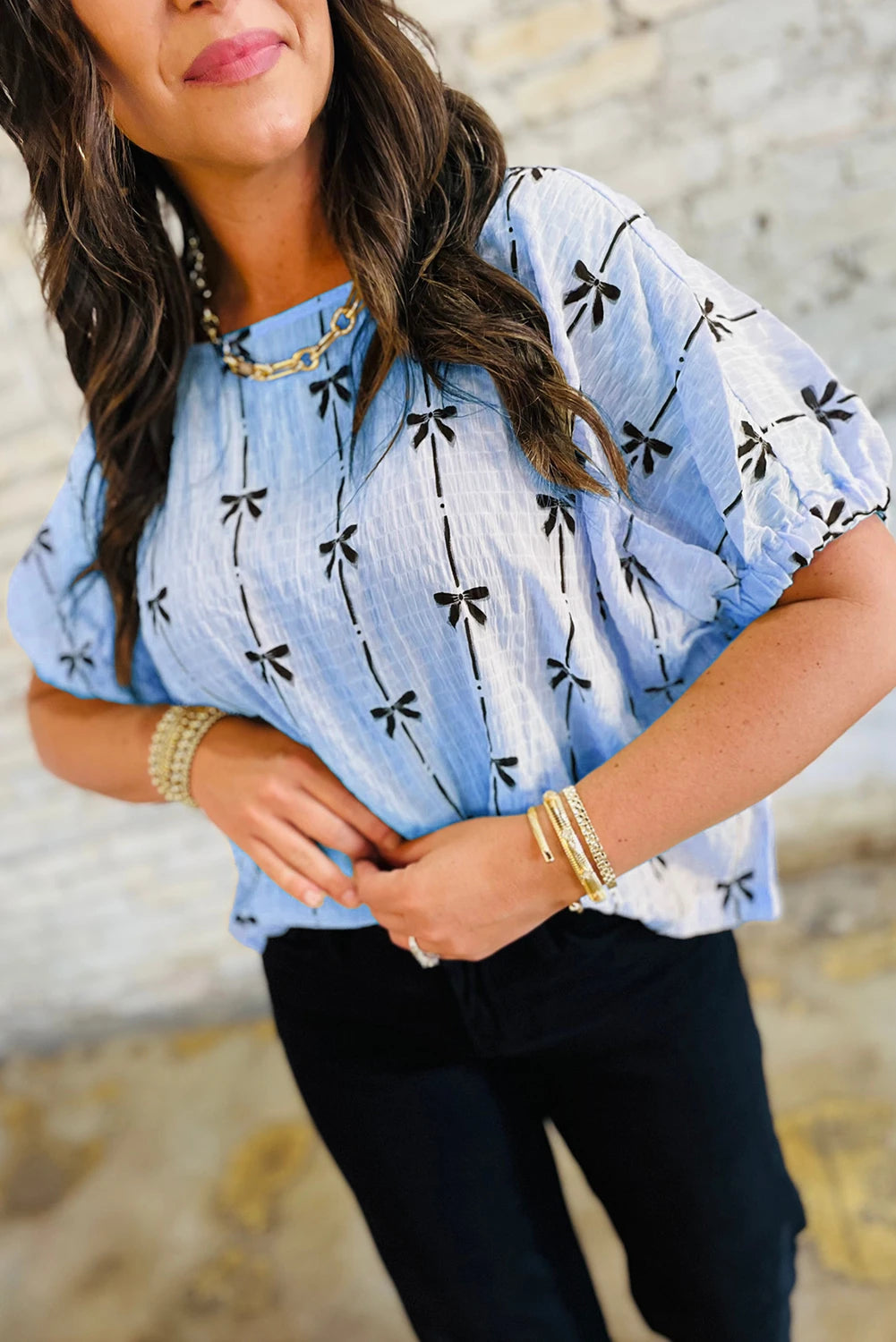 Beau Blue Bow Print Puff Short Sleeve Top