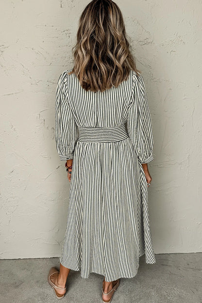 Stripe V Neck Zip Front Cinched High Waist Midi Dress