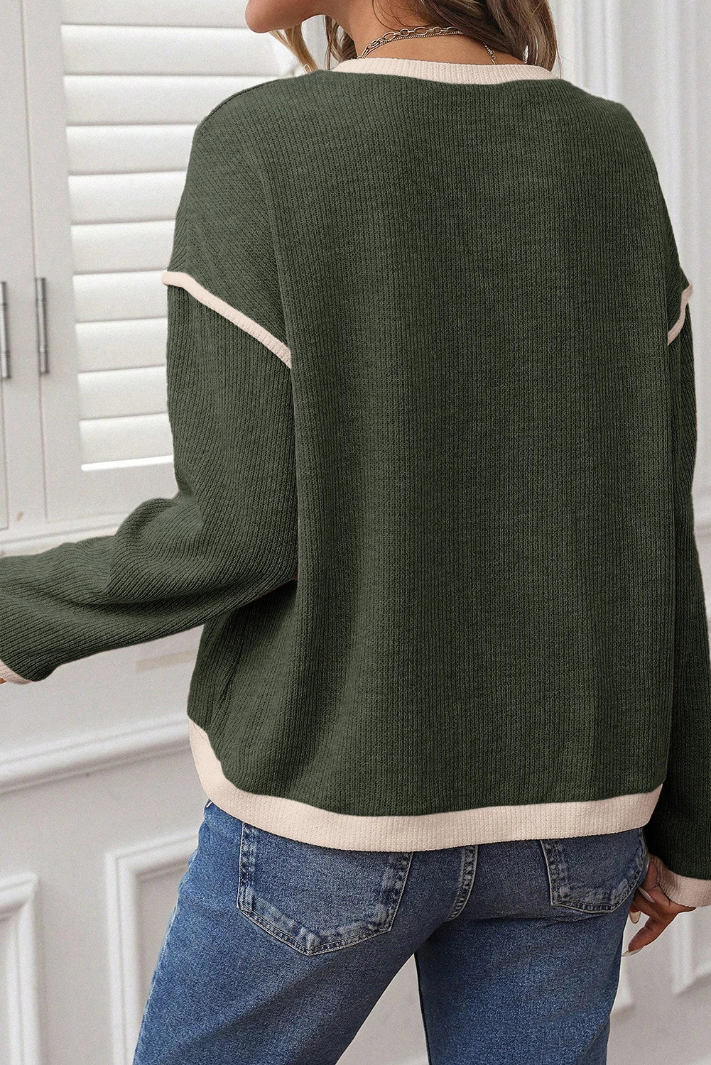 Four Leaf Clover Contrast Color Trim Knit Drop Shoulder Loose Top