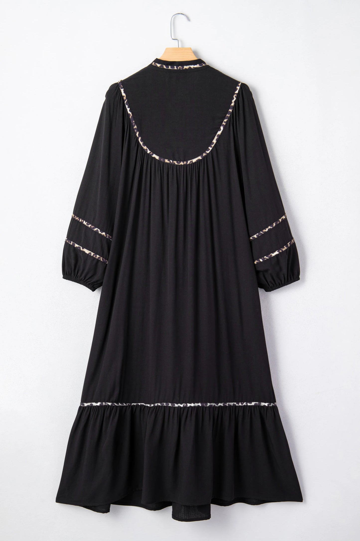 Black Contrast Leopard Trim Split Neck Long Sleeve Casual Midi Dress