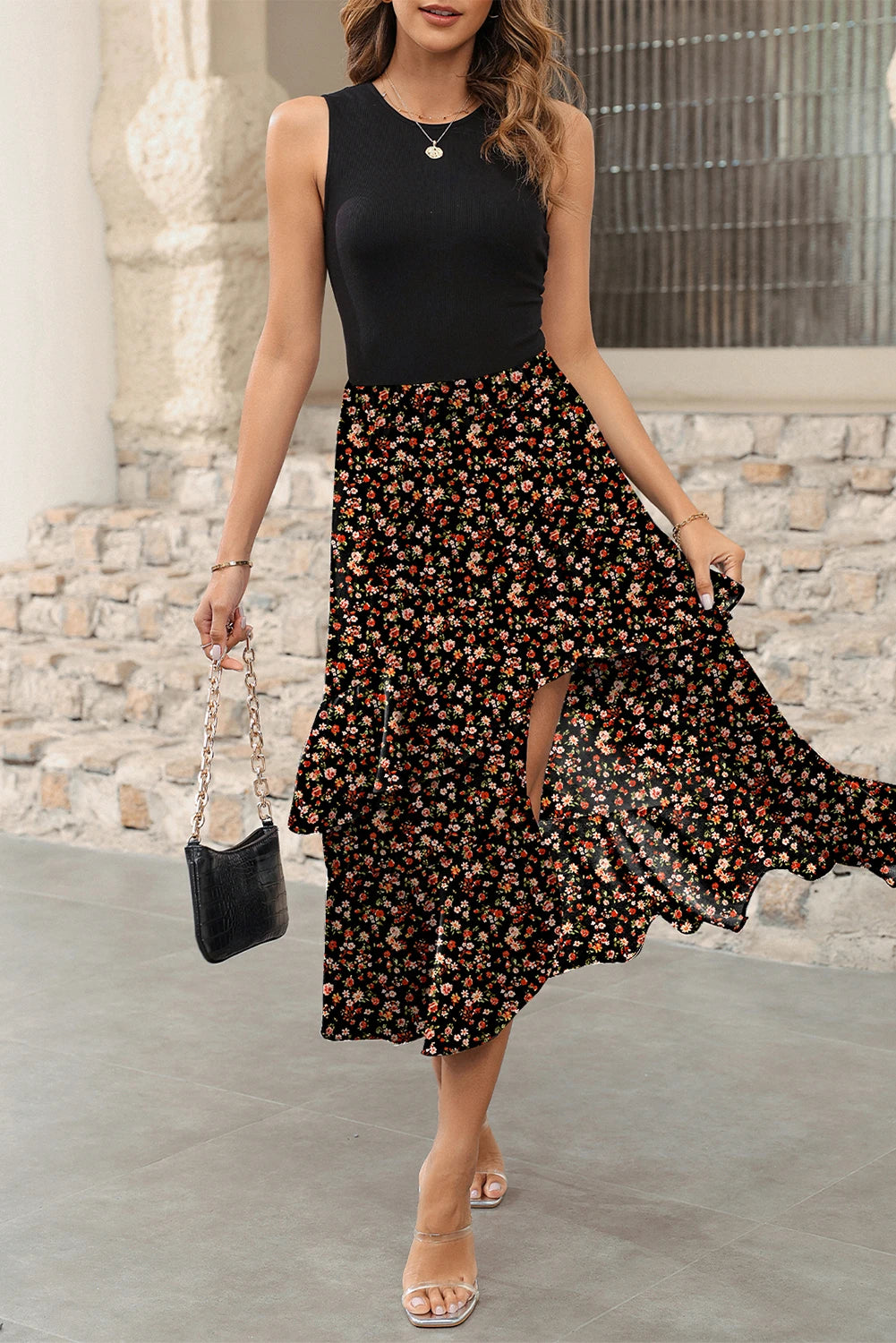Black Floral Patchwork Asymmetric Ruffle Skirt Solid Tank Bodice Cocktail Dress