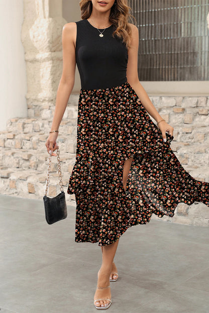 Black Floral Patchwork Asymmetric Ruffle Skirt Solid Tank Bodice Cocktail Dress
