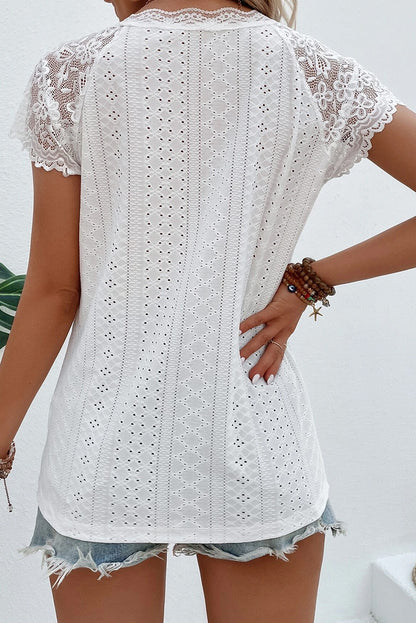 Sheer Lace Short Sleeves Eyelet Embroidered Tee