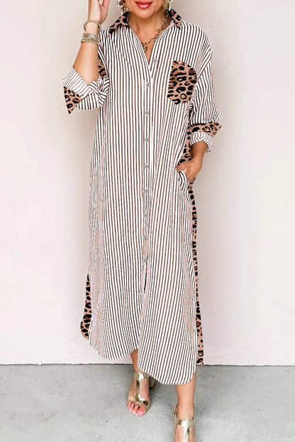 Brown Stripe Contrast Leopard Patchwork Long Shirt Dress with Slits