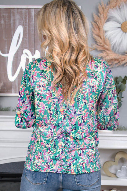 Green Floral Pleated Round Neck Long Sleeve Blouse