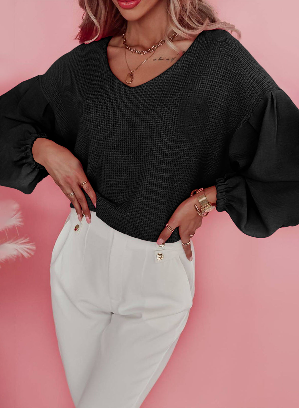 Waffle Knit Balloon Sleeve Splicing V Neck Top