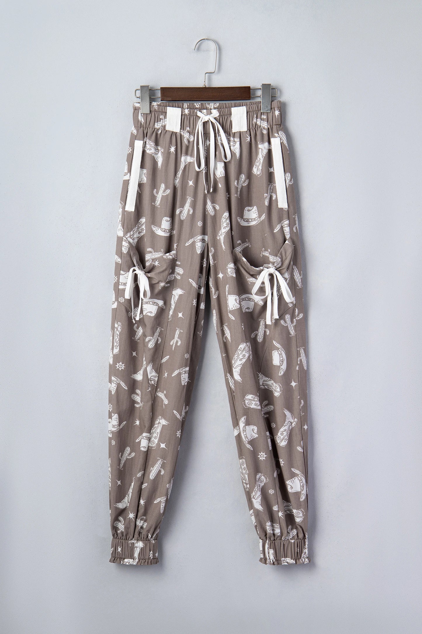 Khaki Western Cactus Cowgirl Hat Boot Printed Vintage Drawstring Jogger Pants