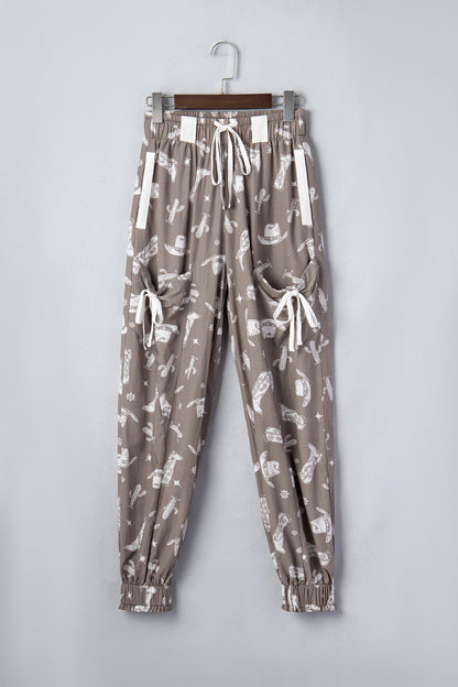 Khaki Western Cactus Cowgirl Hat Boot Printed Vintage Drawstring Jogger Pants