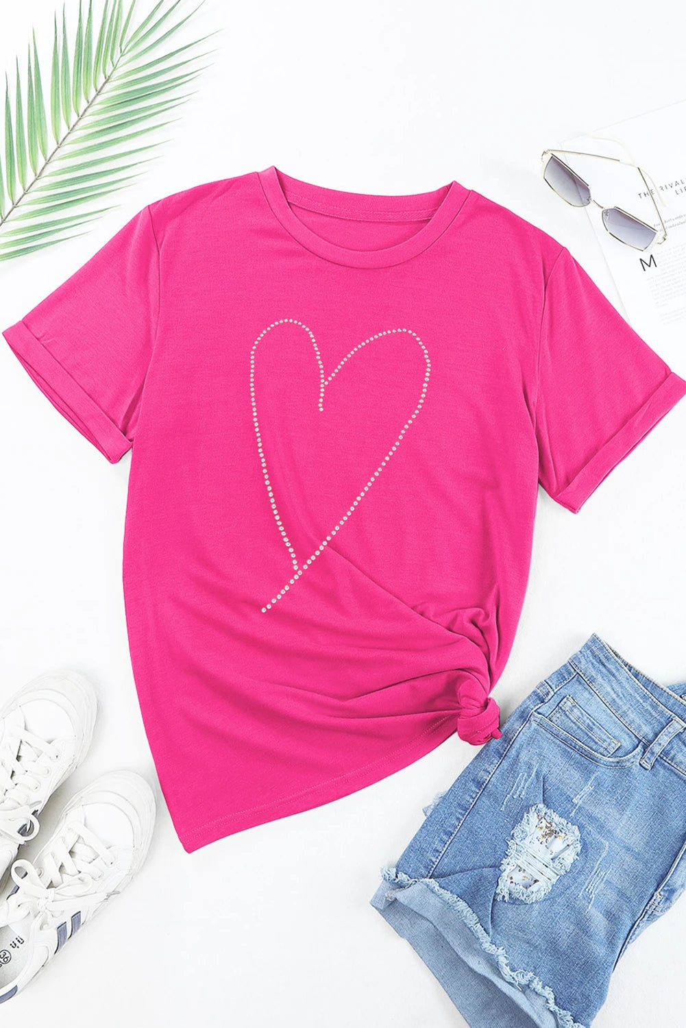 Rose Red Rhinestone Heart Graphic Crew Neck Valentines Tee