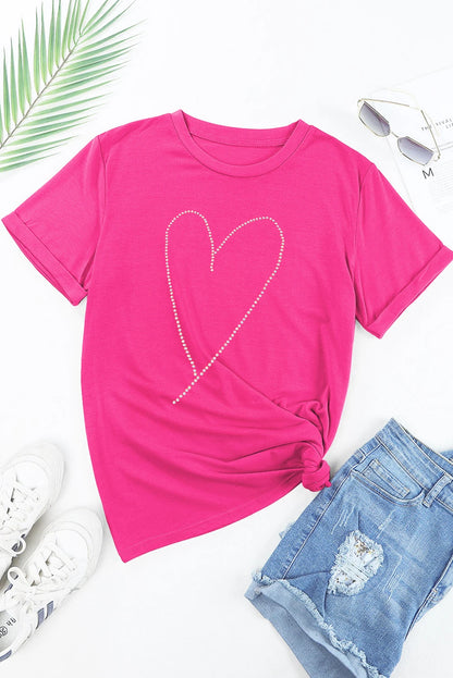 Rose Red Rhinestone Heart Graphic Crew Neck Valentines Tee