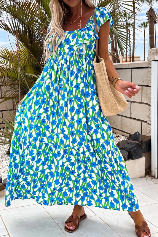 Blue Floral Print Square Neck Ruffled Strap Maxi D