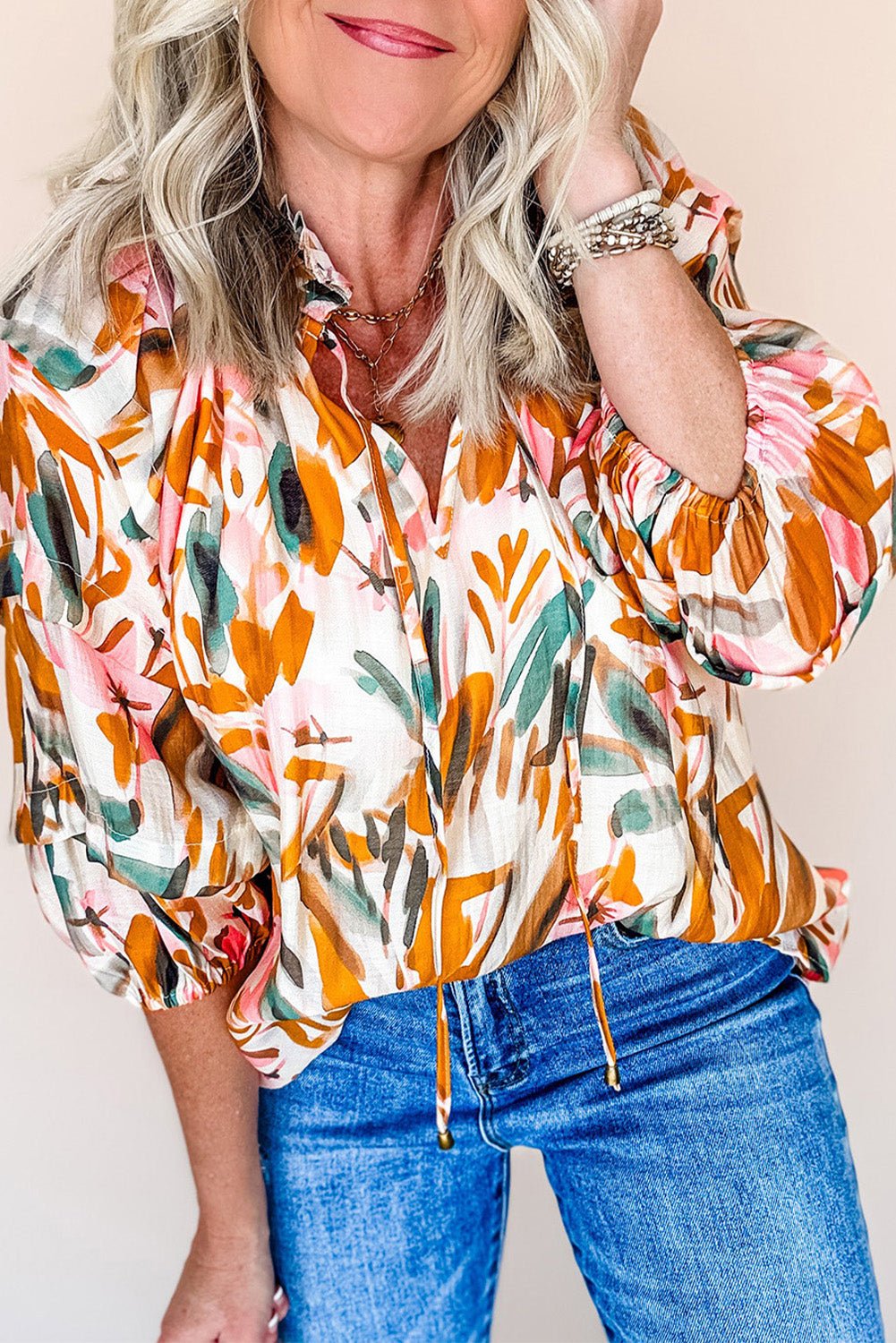 Abstract Print Drawstring Frilled V Neck 3/4 Sleeve Blouse