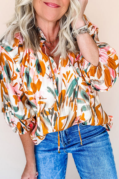 Abstract Print Drawstring Frilled V Neck 3/4 Sleeve Blouse