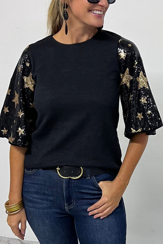 Black Star Sequin Splicing Half Sleeve Top