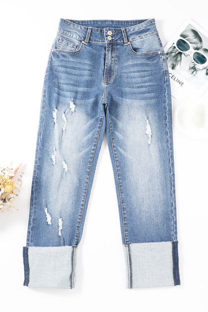 Sky Blue High Waist Distressed Straight Leg Jeans