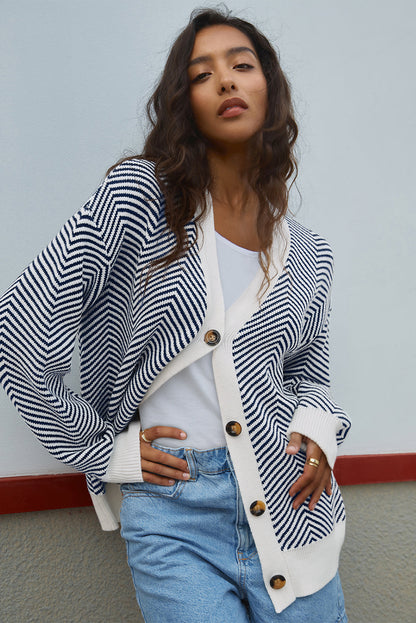 Blue Stripe Buttoned Front V Neck Herringbone Cardigan
