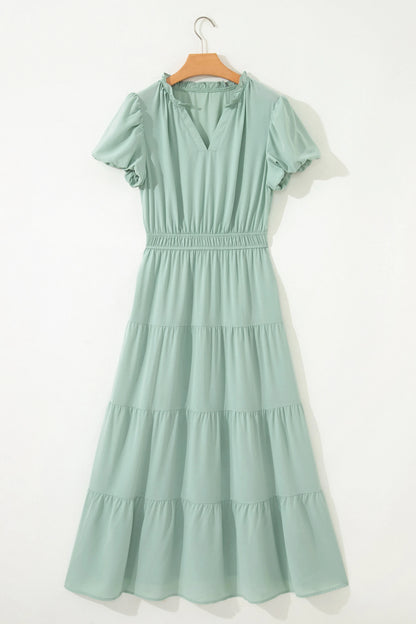Solid Color V Neck Short Puff Sleeve High Waist Tiered Maxi Dress