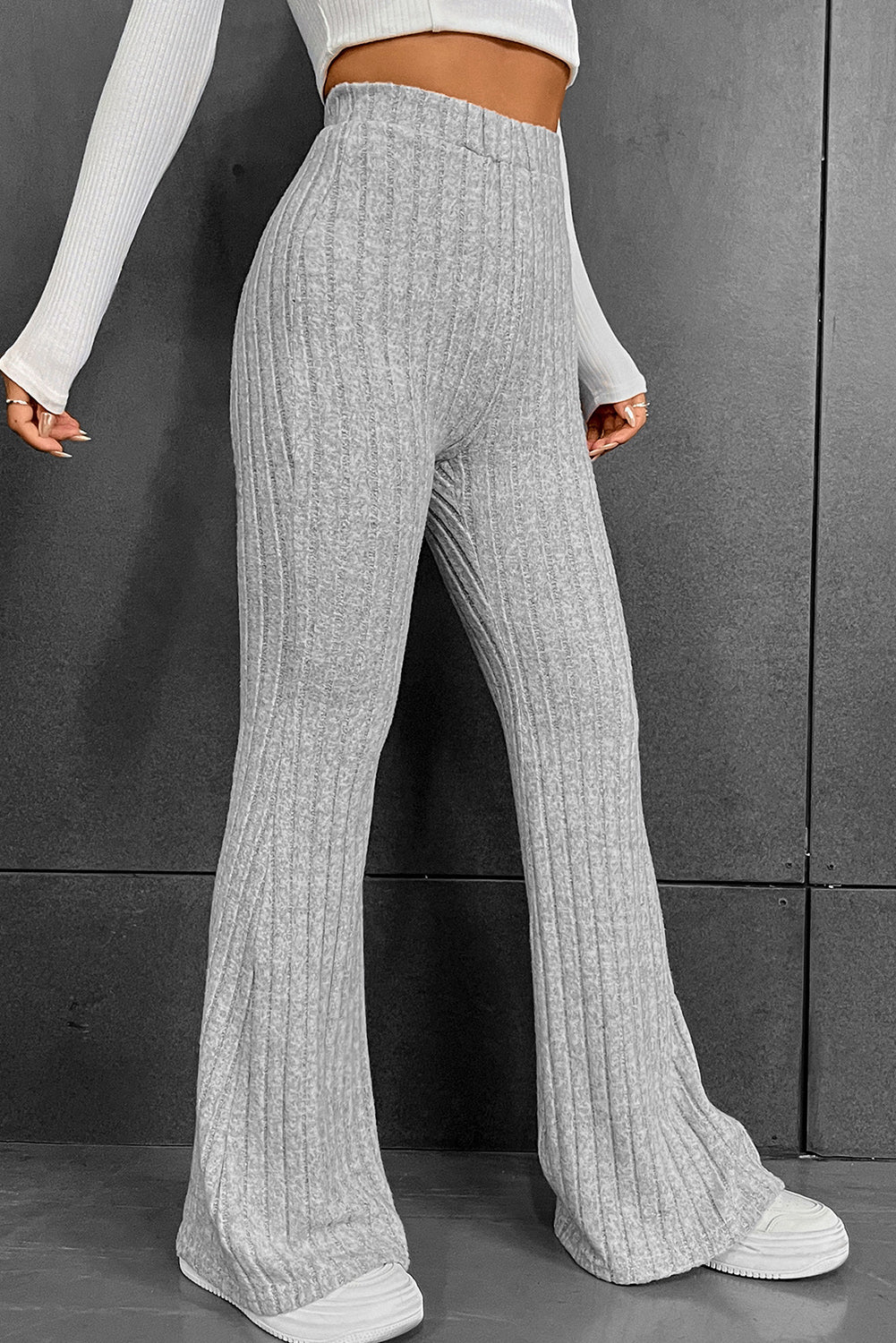 Gray Solid Color High Waist Ribbed Flare Pants - The Perfect Touch SA