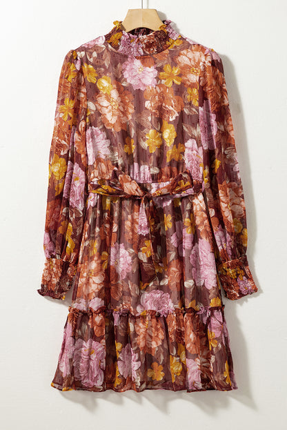 Multicolor Shirred High Neck Lace-up High Waist Floral Dress
