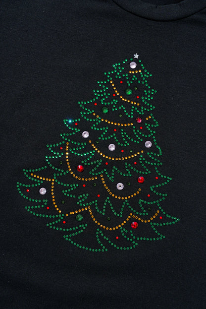 Black Rhinestone Christmas Tree Round Neck Graphic Tee