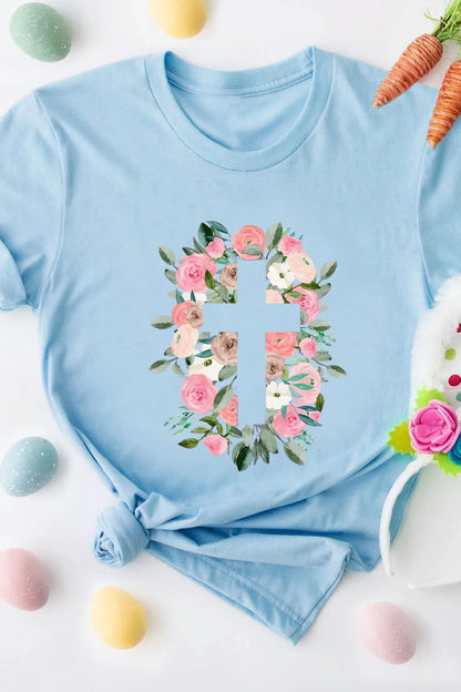 Light Blue Floral Printed Faith Easter Graphic Tee
