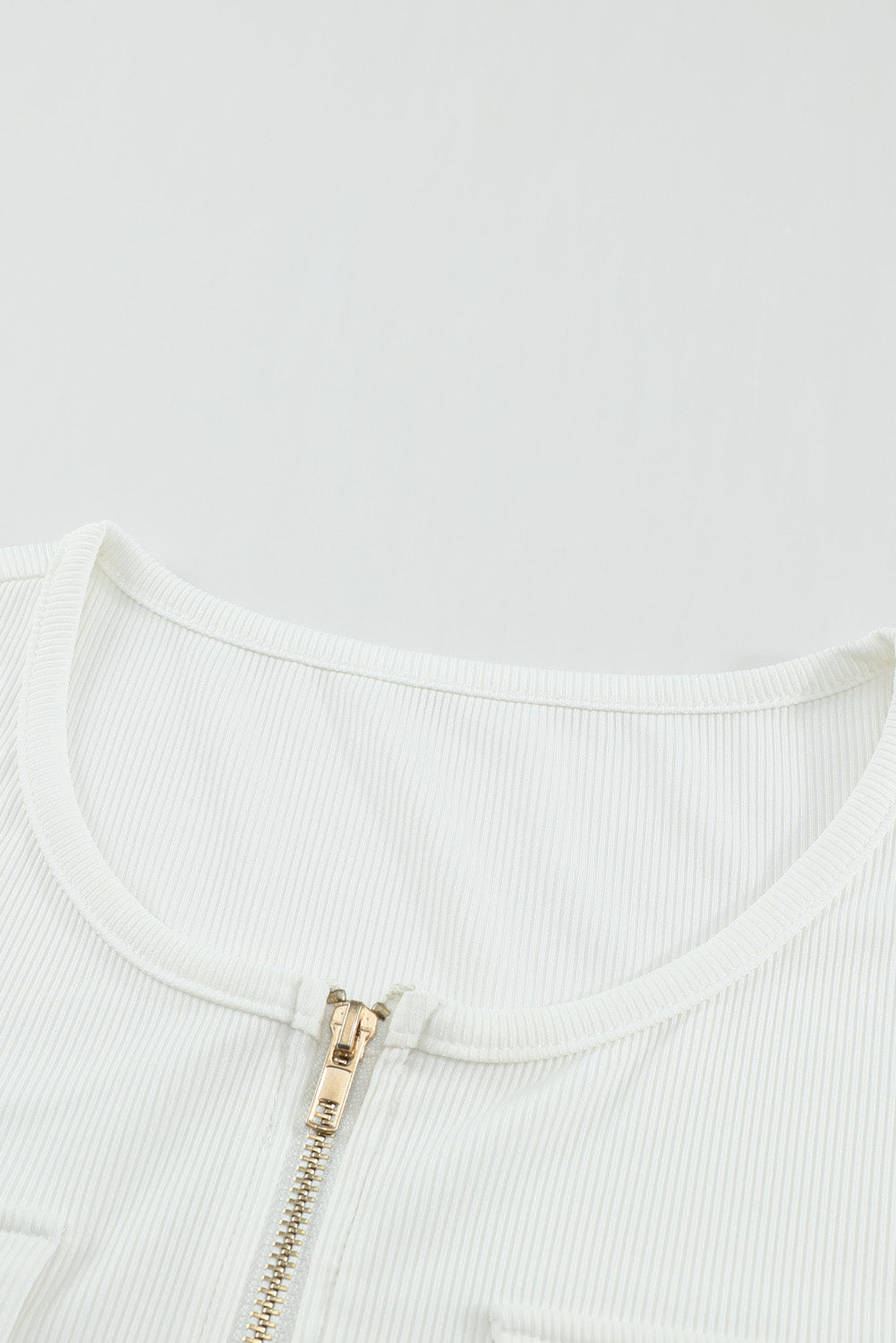 White Ribbed Zipper Long Sleeve Top