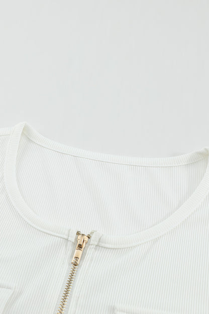 White Ribbed Zipper Long Sleeve Top