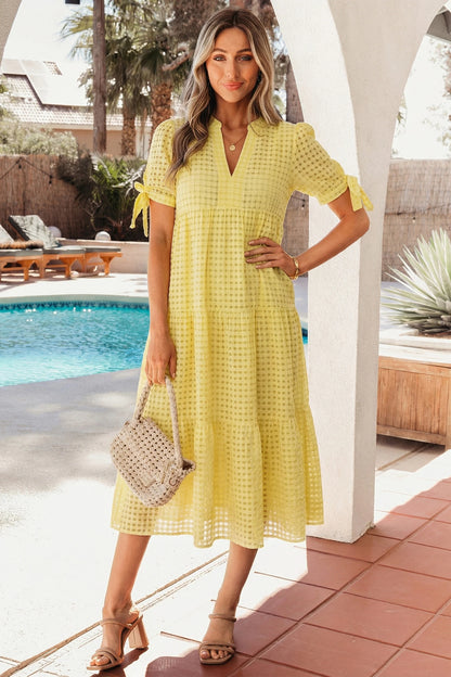 Gingham Textured Bow Tie Short Sleeve Tiered Midi Dress