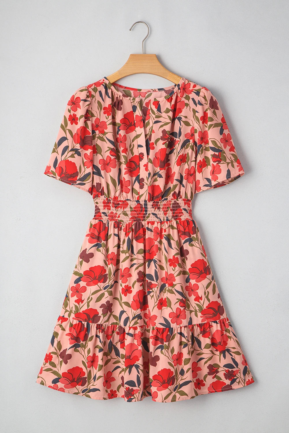 Red Floral Print Wrap V Neck Short Sleeve High Waistband Mini Dress