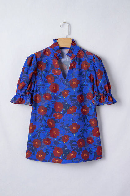 Blue Ruffled Short Balloon Sleeve Frilled V Neck Floral Blouse