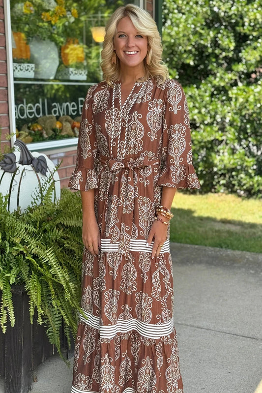 Brown Floral Print Belted Striped Trim Tiered Maxi Dress
