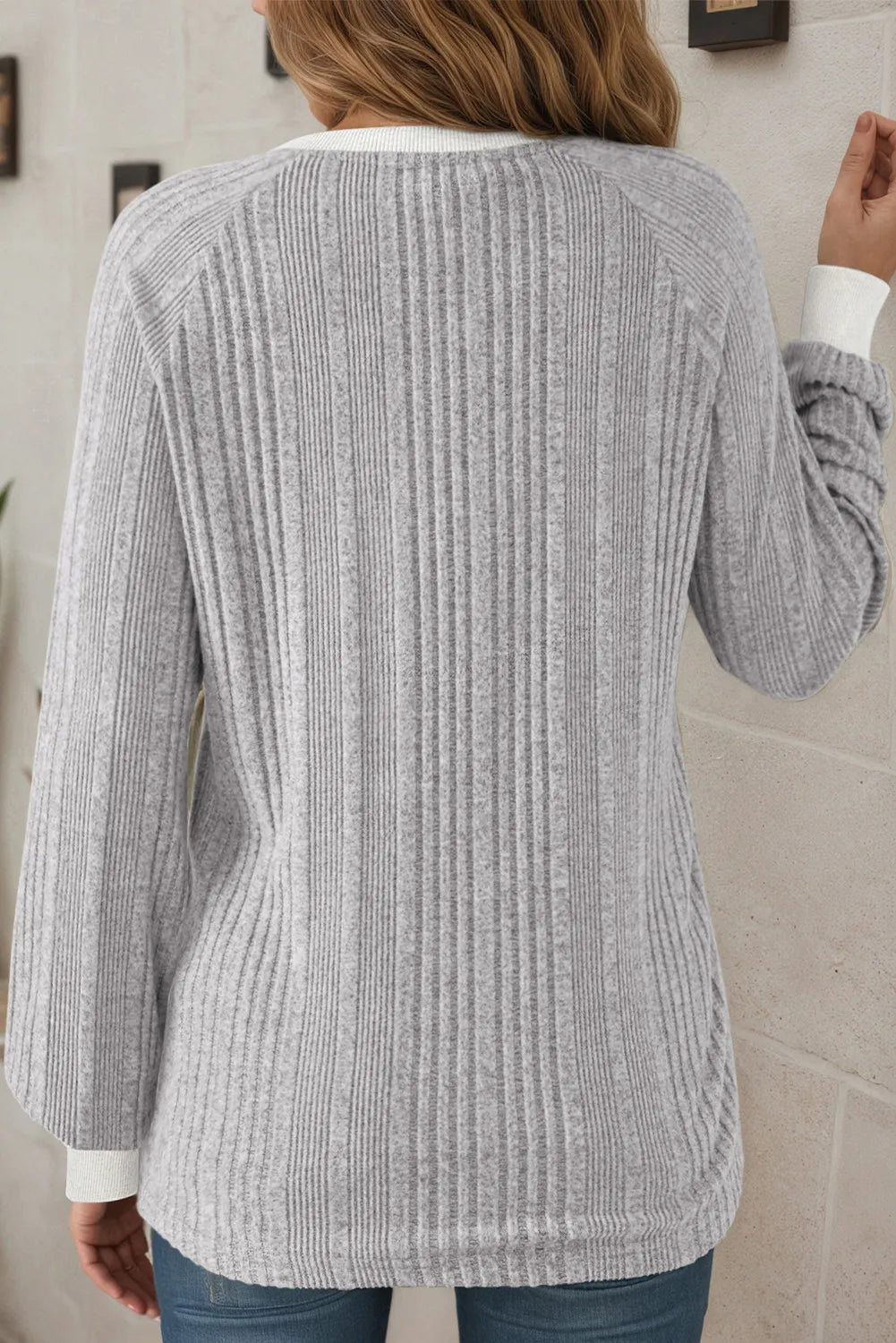 Ribbed Contrast Cuffed Round Neck Long Sleeve T Shirt